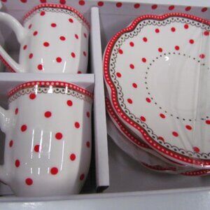RED & White Espresso Coffee 4-piece Set NIB Polka Dot